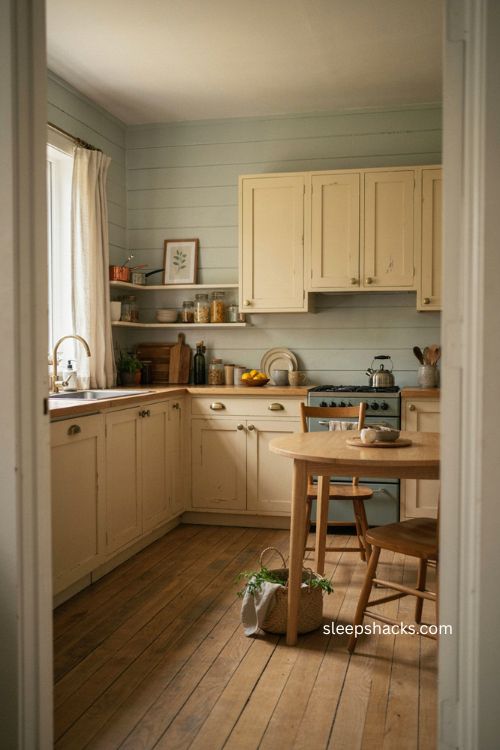 L shaped Bloxburg kitchen layout with cozy small space design