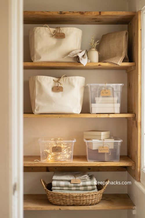 Labeled Christmas storage bins for easy holiday decorating organization 