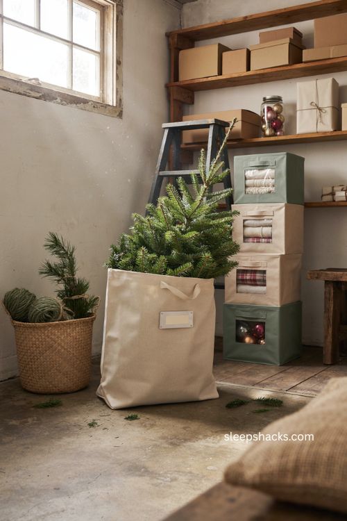 Labeled Christmas tree storage bags for easy holiday organization 