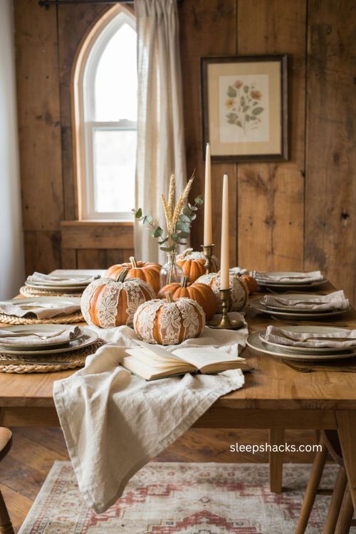 Lace covered orange pumpkins with vintage farmhouse decor for an elegant halloween table 