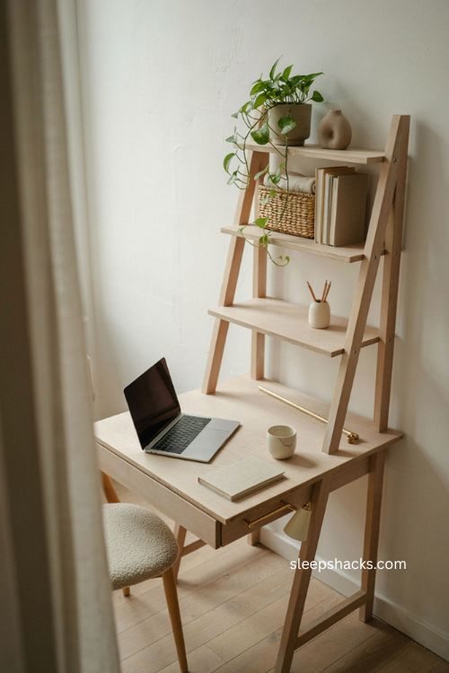 Ladder style desk with built in storage for a small bedroom corner