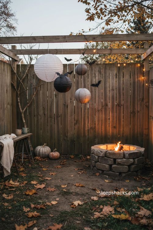 Lantern lined Halloween photo backdrop with bats for cozy backyard party decor 