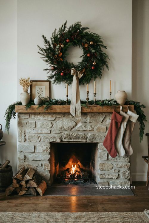 Large Christmas wreath above a cozy fireplace mantel with evergreen garland
