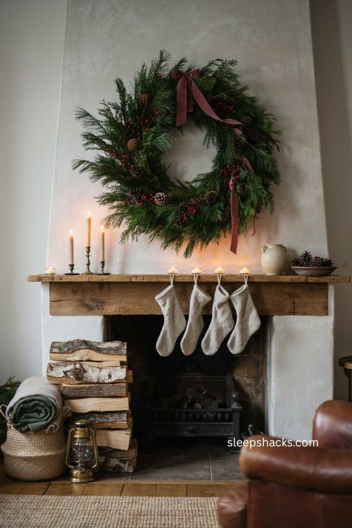Large Christmas wreath chimney decor with evergreen and pinecones