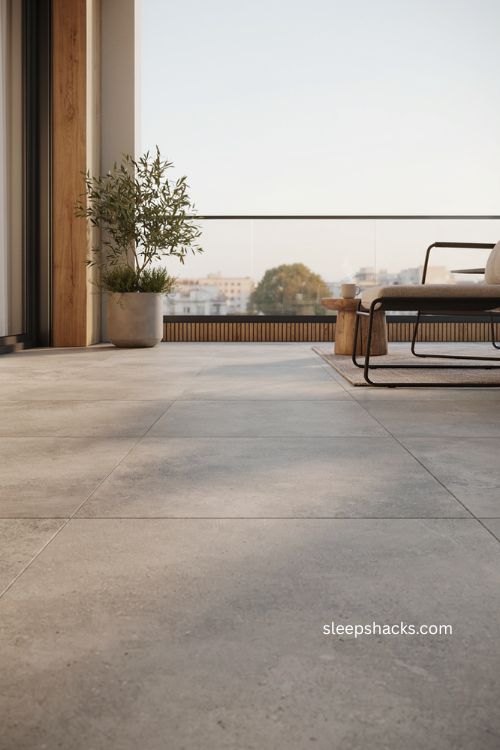 Large format tile modern balcony ideas with warm gray stone look flooring