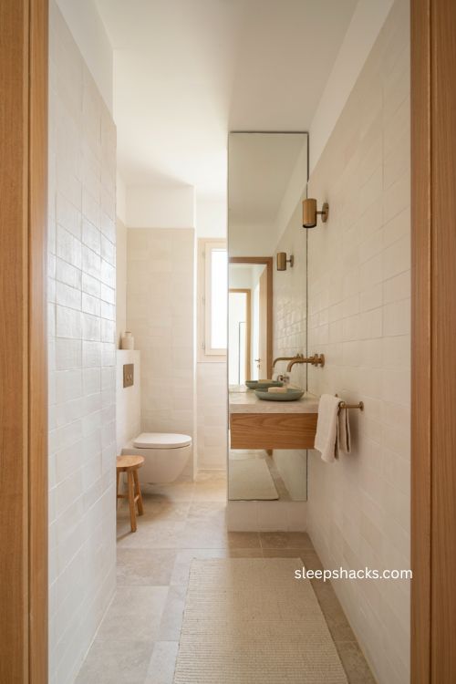 Large mirror ideas for a narrow toilet room with slim floating vanity 