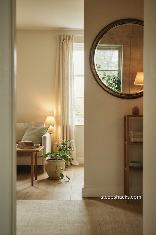 Large round mirror bouncing daylight across a small living room 