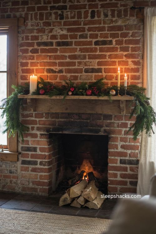 Layer an evergreen garland on a cozy Christmas fireplace mantel