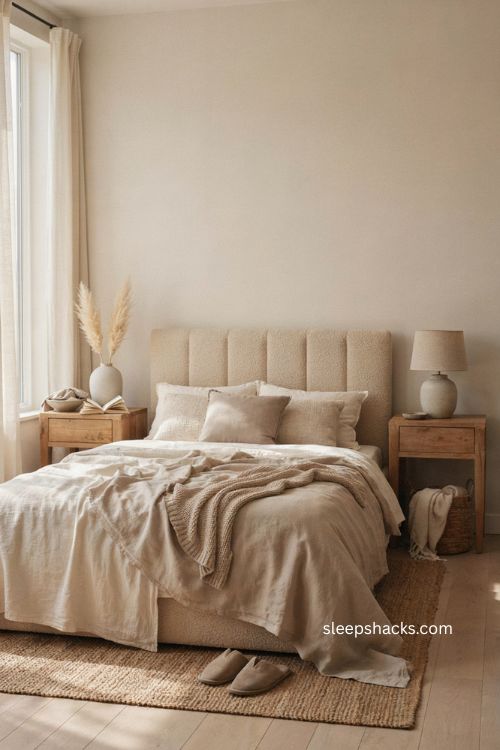 Layer textures neutral bedroom with bouclé linen woven bedding and warm tonal decor 