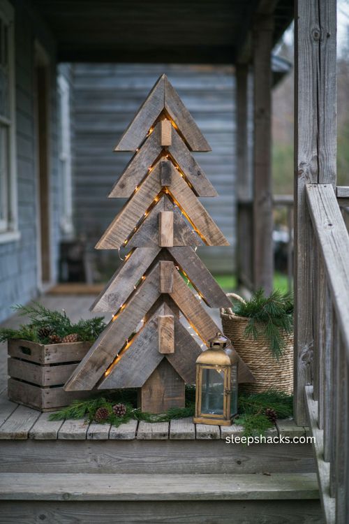 Layered 3d outdoor wood christmas tree with lights glowing between wooden layers 