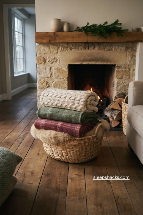 Layered Christmas blanket basket beside cozy fireplace and sofa 