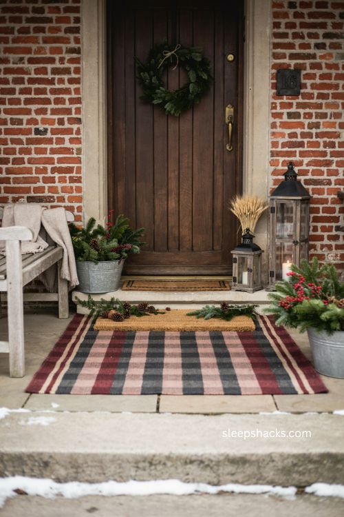 Layered Christmas doormat and outdoor rug with cozy winter porch decor 