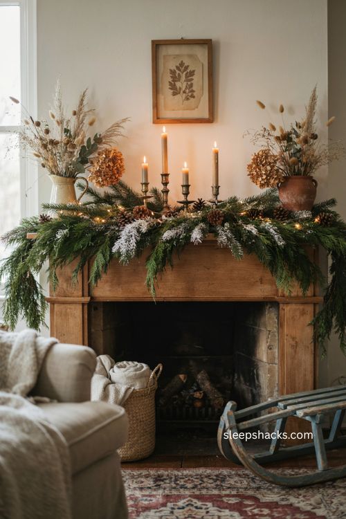 Layered Christmas mantel garland with fir cypress flocked greenery dried hydrangeas and pinecones
