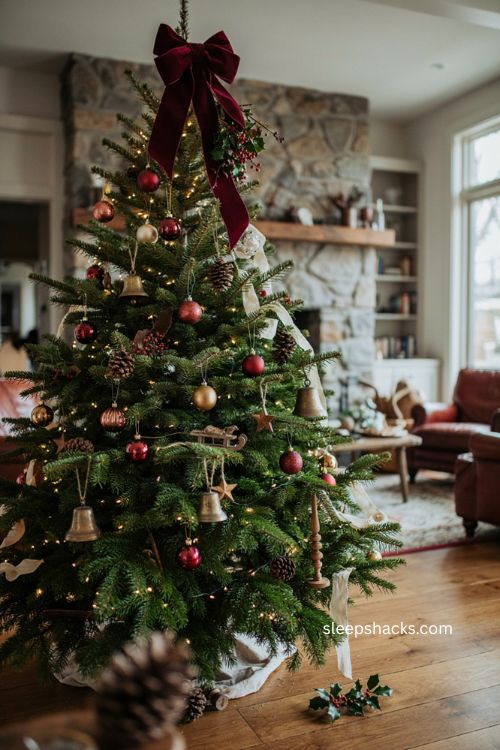 Layered Christmas tree bow topper with greenery pinecones and dried berry accents 
