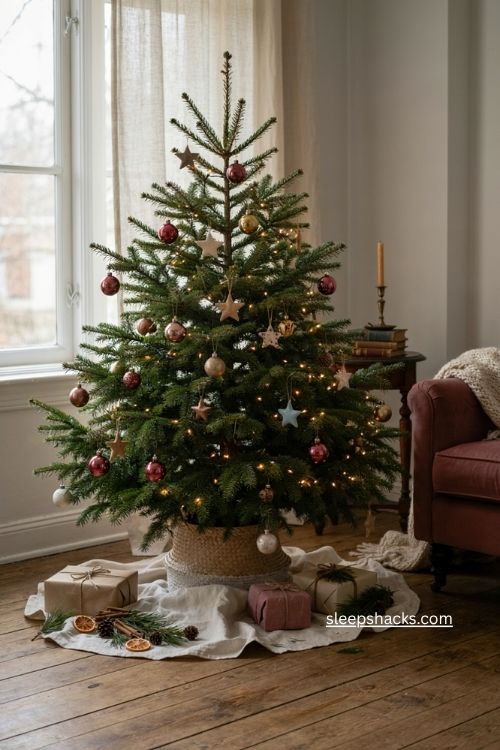 Layered Christmas tree skirt with woven basket stand and cozy farmhouse holiday decor 