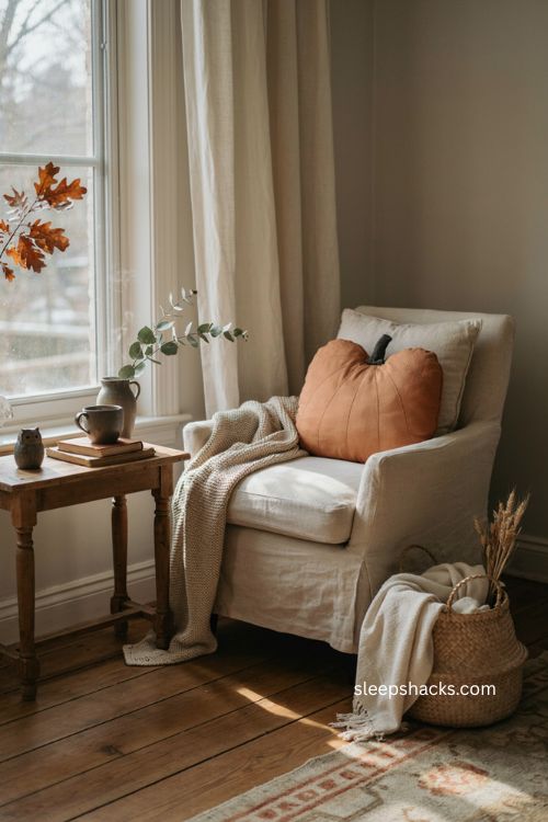 Layered Halloween pillows and knit blanket in a cozy reading nook