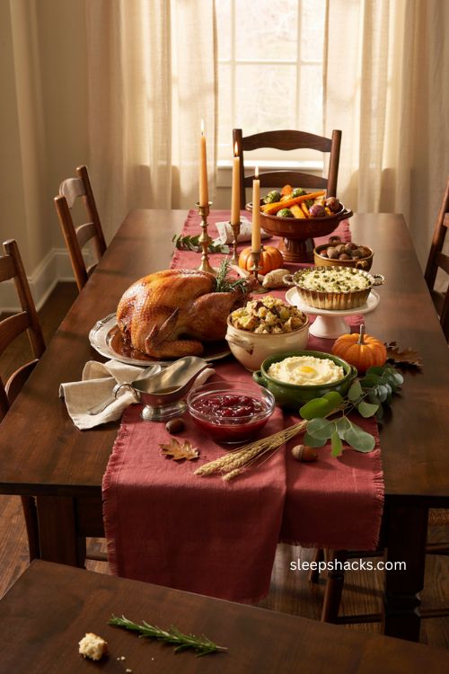Layered Thanksgiving side dishes with elevated bowls turkey stuffing and rustic dining table 