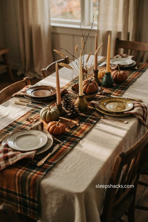 Layered Thanksgiving table linens with plaid runner and striped napkins 
