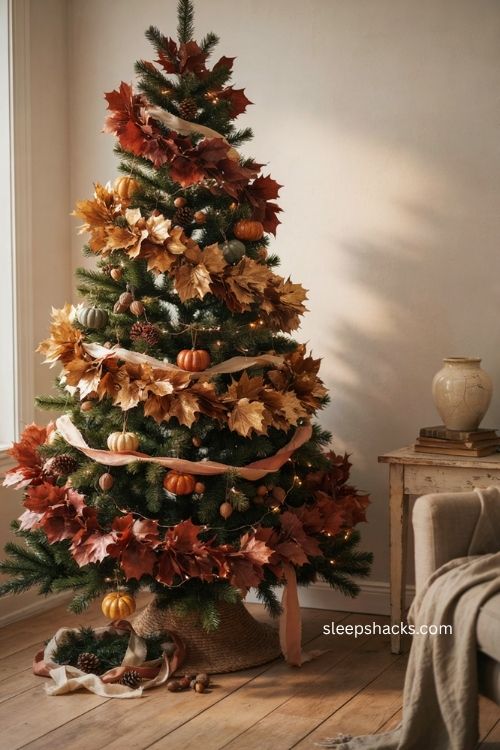 Layered autumn leaf garland on fall Christmas tree with rust and gold leaves 