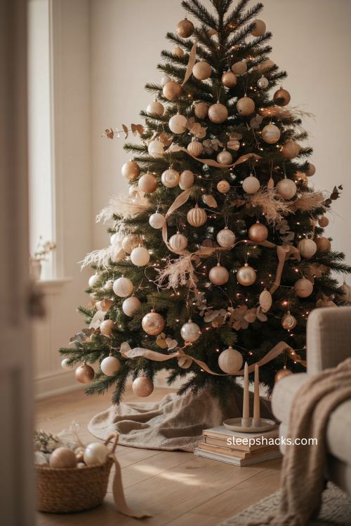 Layered beige and cream Christmas tree with neutral ornaments and elegant holiday decor