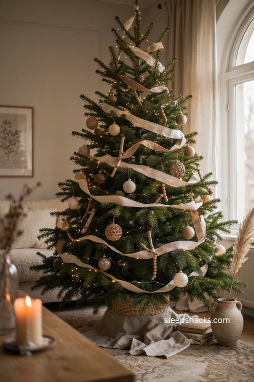 Layered beige and cream ribbon Christmas tree with textured neutral holiday decor