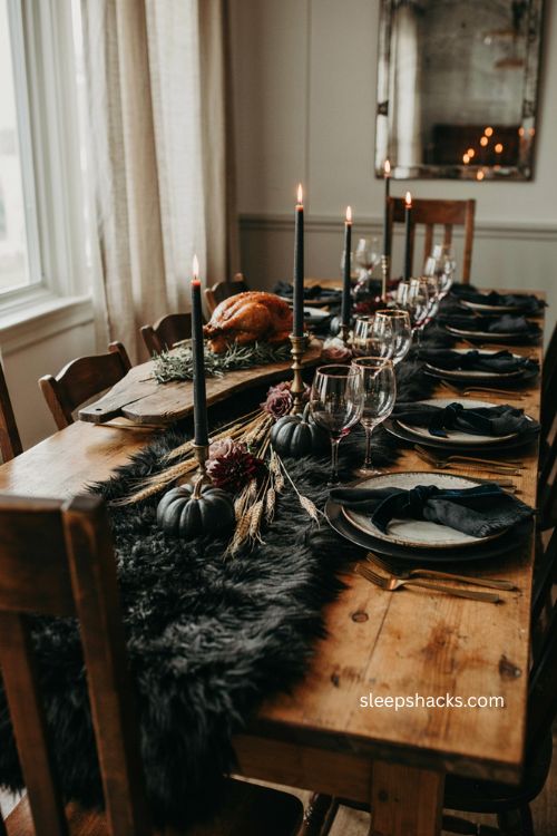 Layered black fur velvet and linen Thanksgiving table with gold and cream decor 