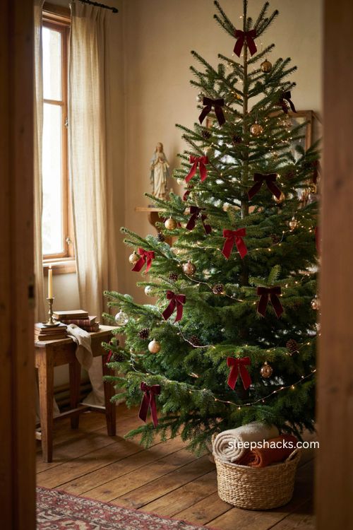 Layered burgundy and red velvet ribbon bows on Christmas tree 