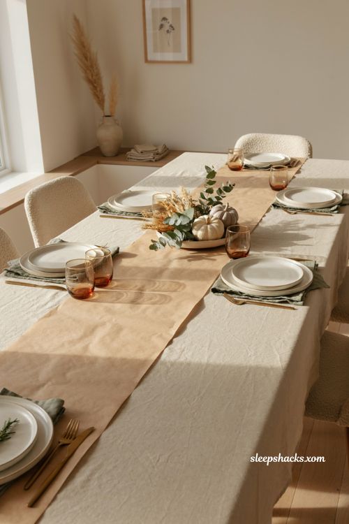 Layered butcher paper over linen tablecloth for a rustic Thanksgiving table with neutral decor 