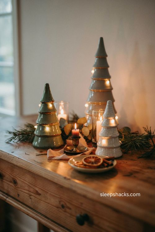 Layered ceramic christmas trees and candles creating warm evening holiday ambience 