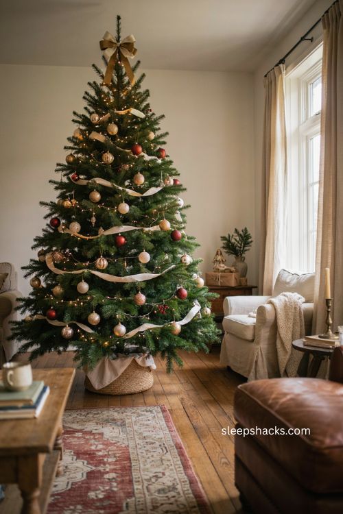 Layered christmas tree with deep lights ribbon and beautifully arranged ornaments 