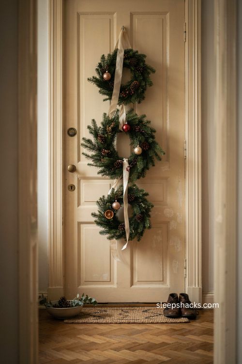 Layered christmas wreaths on apartment door with ribbon greenery and cozy holiday entrance decor 
