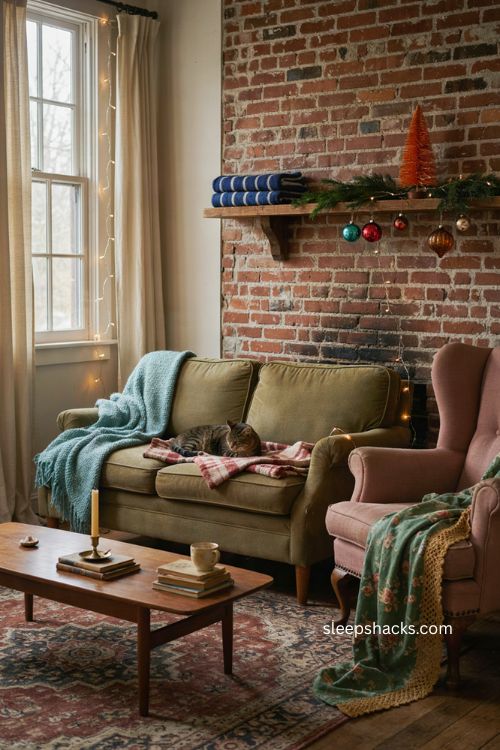 Layered colorful throw blankets in a cozy vintage Christmas living room 