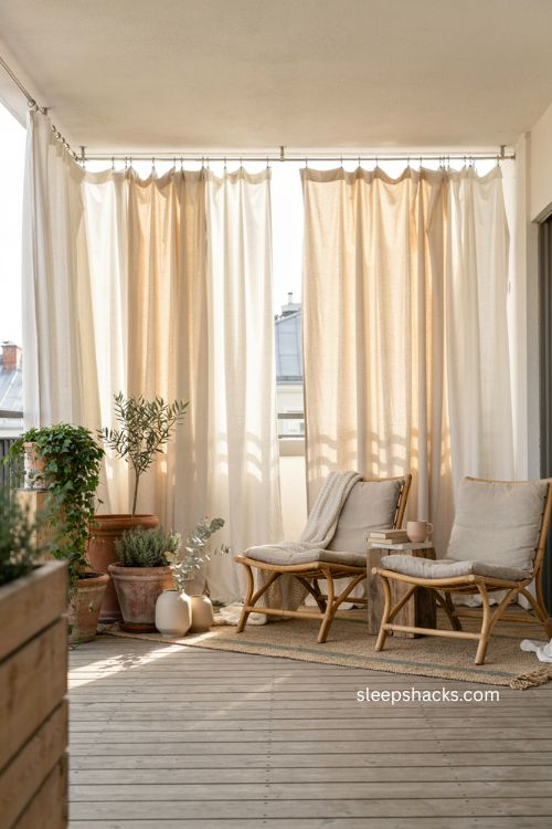 Layered fabric panels for a soft and private apartment balcony 