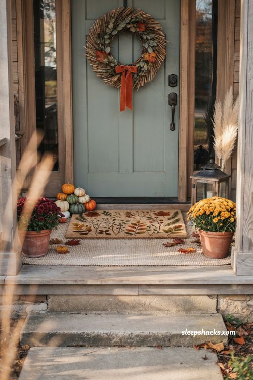 Layered fall doormat with botanical leaves over neutral rug for a cozy Thanksgiving porch