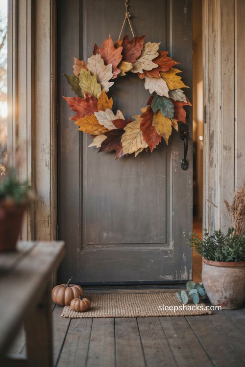 Layered fall leaf cluster door hanger with painted veins and elegant farmhouse porch decor