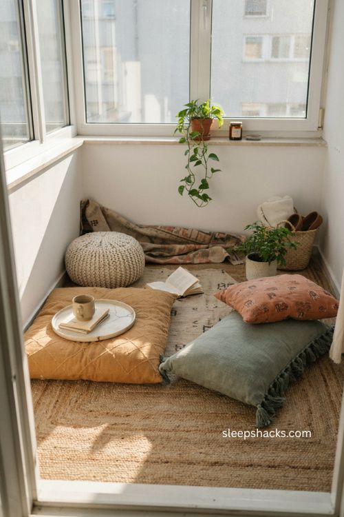 Layered floor cushions lounge with mixed textures for a cozy small closed balcony