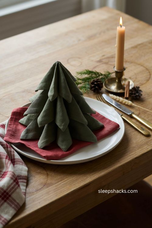 Layered green and red Christmas tree napkin folding for a cozy holiday table 
