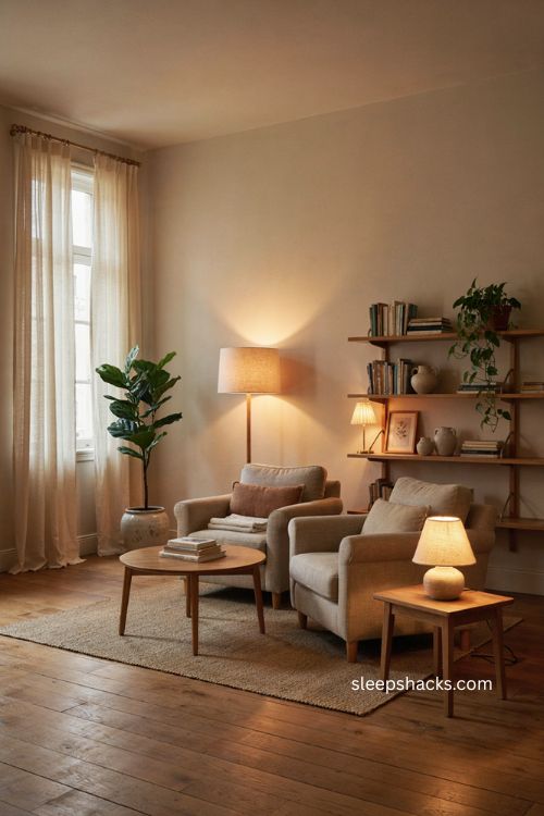 Layered lamps with warm bulbs in a cozy therapy office with sheer curtains and soft lighting 