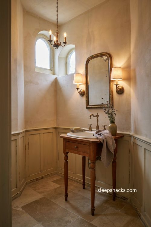 Layered lighting half bathroom ideas with warm vintage sconces