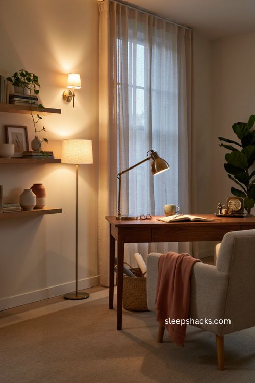 Layered lighting with task lamp and warm floor lamp in home office 