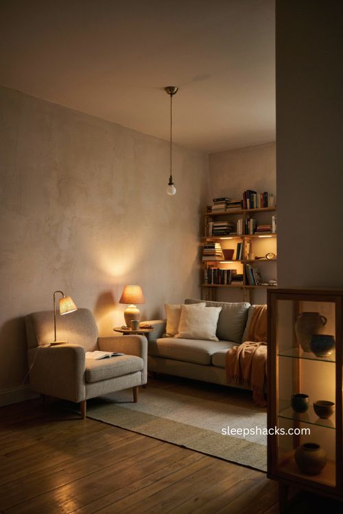Layered lighting with warm lamps in a cozy small living room 