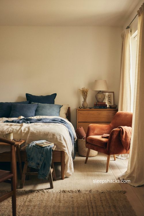 Layered navy denim dusty blue and burnt orange bedroom decor 