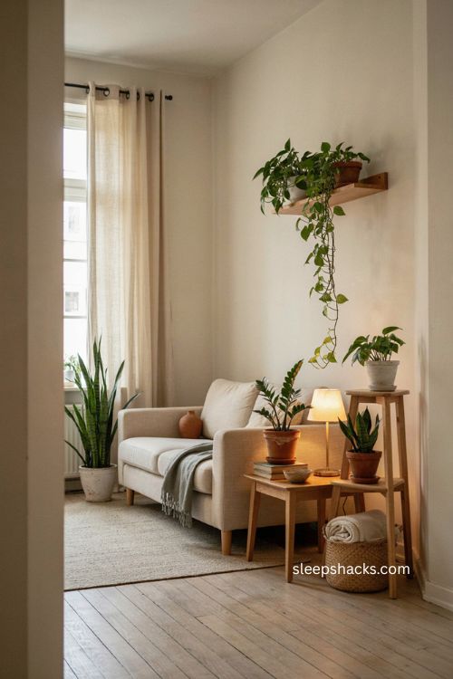 Layered plants softening corners in a small living room 