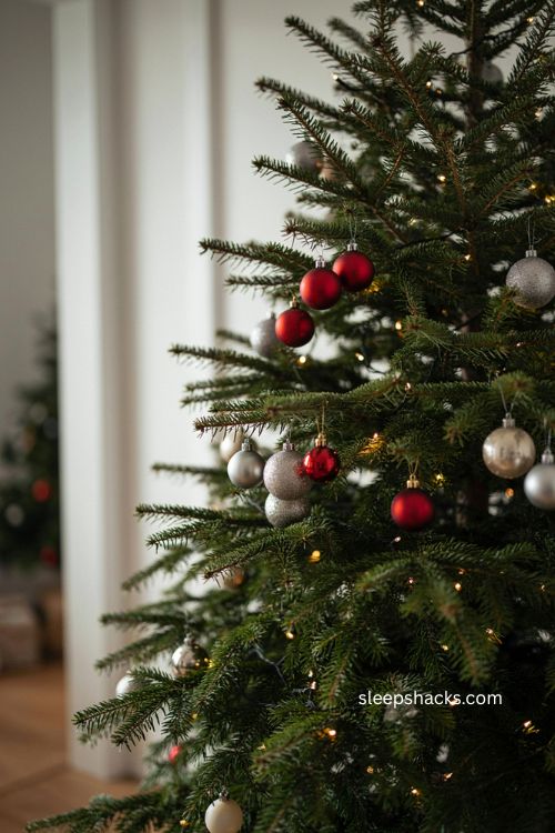 Layered red and silver Christmas tree ornaments in different sizes 