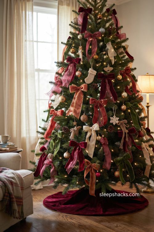 Layered red ribbon bows Christmas tree with velvet and sheer ribbon