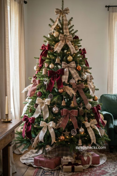 Layered ribbon bows with velvet plaid and striped ribbons on a Christmas tree 