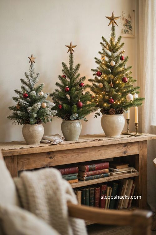 Layered small Christmas trees in different heights on a shelf
