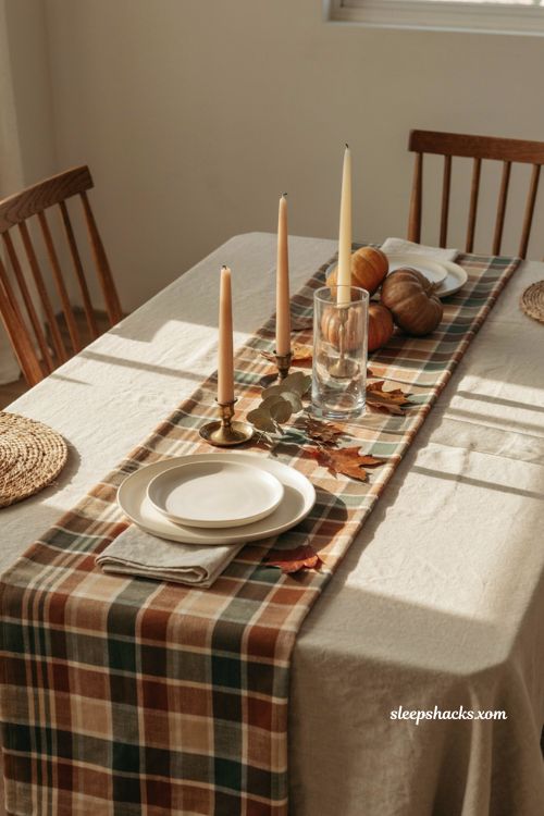 Layered table runner with folded plaid overlay for an easy cheap Thanksgiving table setting 