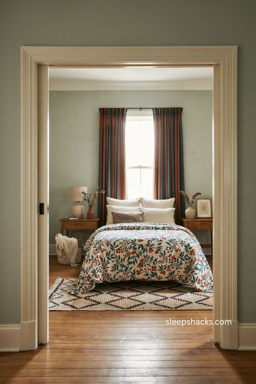 Layered teal and orange patterns in a calm cozy bedroom