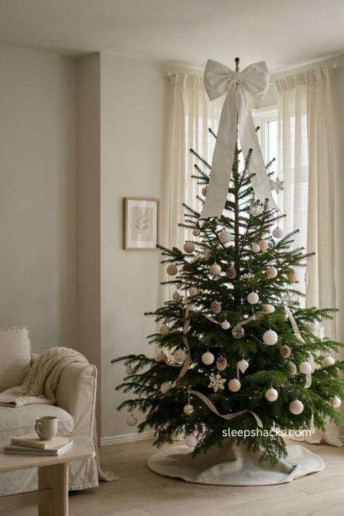 Layered white and cream Christmas tree with oversized statement topper 